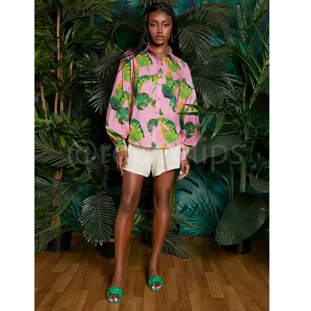 Cotton Leaf Tropical Print Pink Green Oversized Shirt Lantern Sleeve Button - Picture 3 of 10